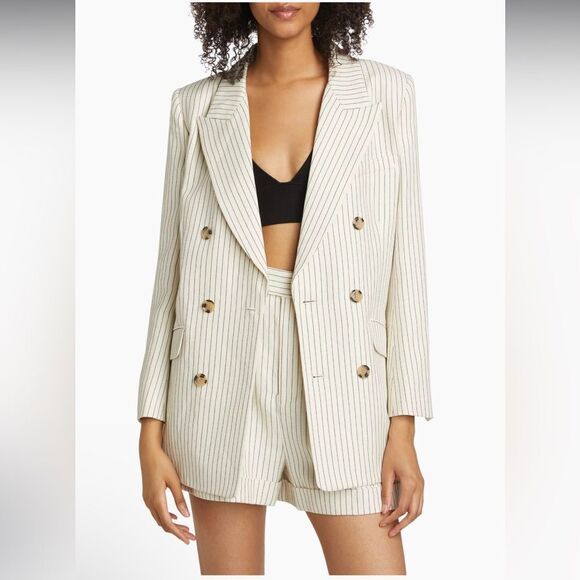 NEW Frame Pinstripe Cotton-Linen Double Breasted Blazer Cream Multi Size 2 - Picture 7 of 14